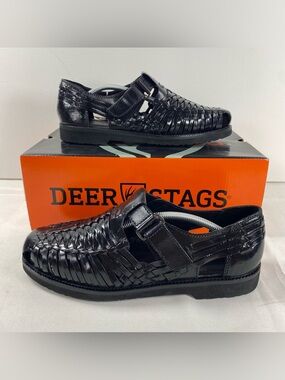 Deer Stags Bamboo 2 Mens 8 M Black Woven Leather Adjustable Strap Loafers